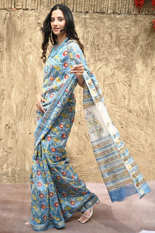 The ICH Sanganer Summers : Hand Block Printed Maheshwari Saree - Blue Bells