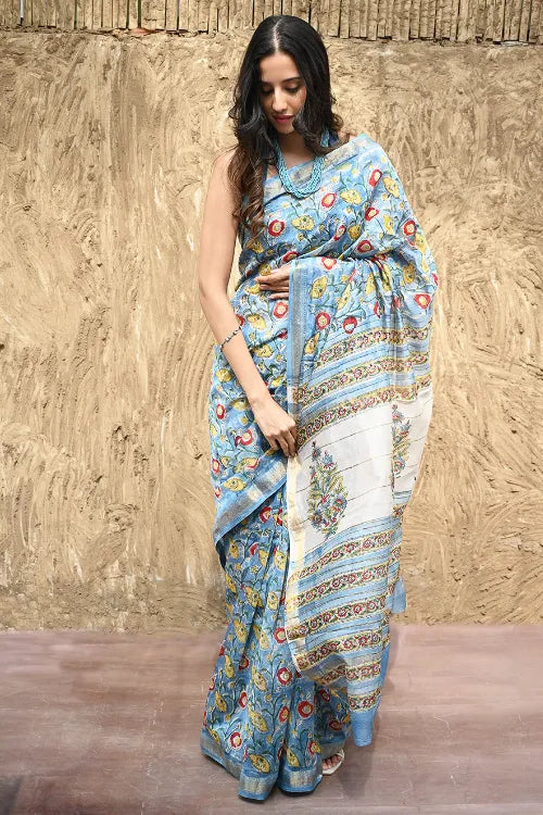 The ICH Sanganer Summers : Hand Block Printed Maheshwari Saree - Blue Bells