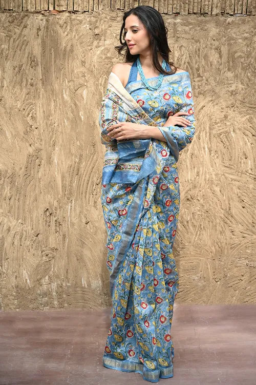 The ICH Sanganer Summers : Hand Block Printed Maheshwari Saree - Blue Bells