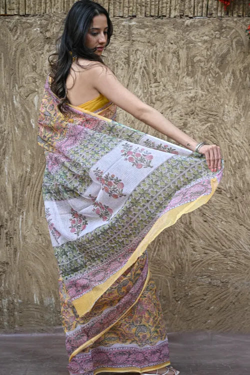 The ICH Sanganer Summers : Hand Block Printed Kota Doria Saree - Basant Angan