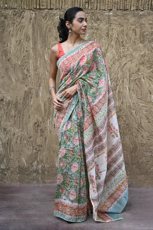 The ICH Sanganer Summers : Hand Block Printed Chanderi Saree - Cottage Garden