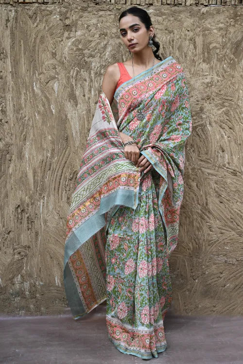 The ICH Sanganer Summers : Hand Block Printed Chanderi Saree - Cottage Garden