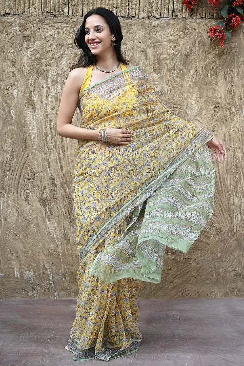 The ICH Sanganer Summers : Hand Block Printed Mul Cotton Saree - Peet Pushpjaal