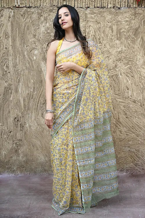The ICH Sanganer Summers : Hand Block Printed Mul Cotton Saree - Peet Pushpjaal