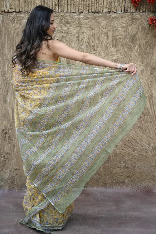 The ICH Sanganer Summers : Hand Block Printed Mul Cotton Saree - Peet Pushpjaal