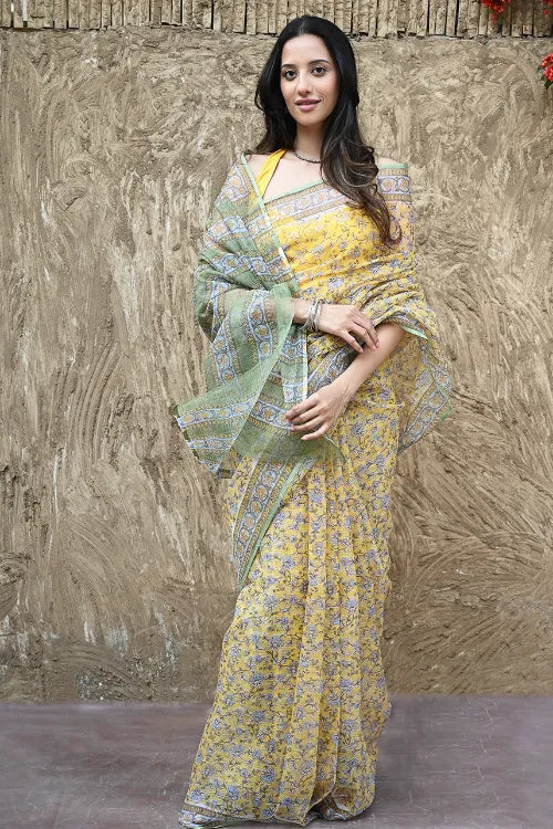The ICH Sanganer Summers : Hand Block Printed Mul Cotton Saree - Peet Pushpjaal