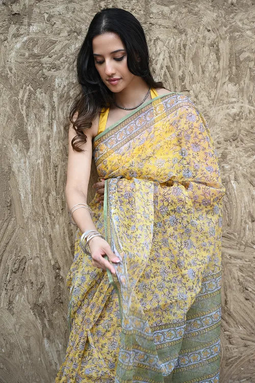 The ICH Sanganer Summers : Hand Block Printed Mul Cotton Saree - Peet Pushpjaal