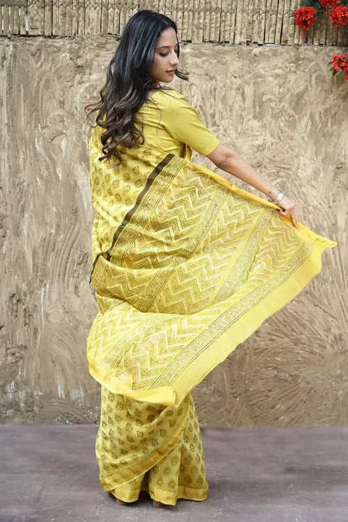The ICH Sanganer Summers : Hand Block Printed Maheshwari Saree - Canary Lawn