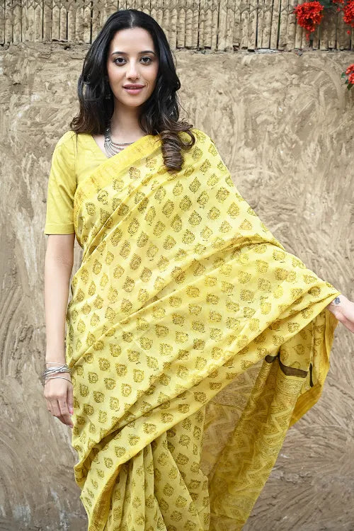 The ICH Sanganer Summers : Hand Block Printed Maheshwari Saree - Canary Lawn