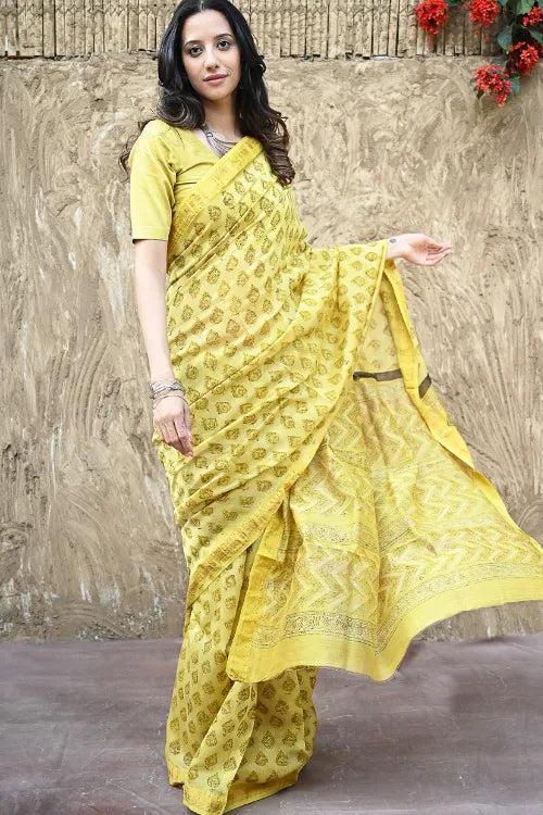 The ICH Sanganer Summers : Hand Block Printed Maheshwari Saree - Canary Lawn