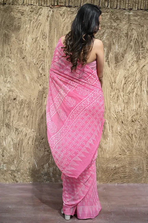 The ICH Dabu Vibes : Hand Block Printed Chiffon Saree - Gulabari