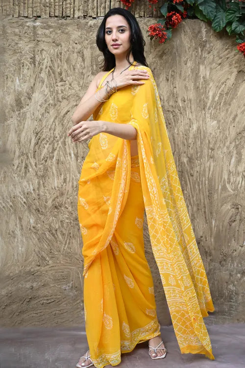 The ICH Dabu Vibes : Hand Block Printed Chiffon Saree - Basanti