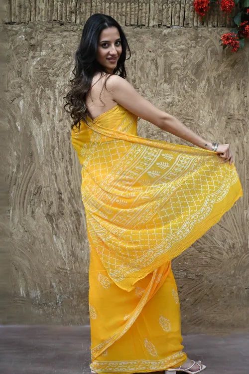 The ICH Dabu Vibes : Hand Block Printed Chiffon Saree - Basanti