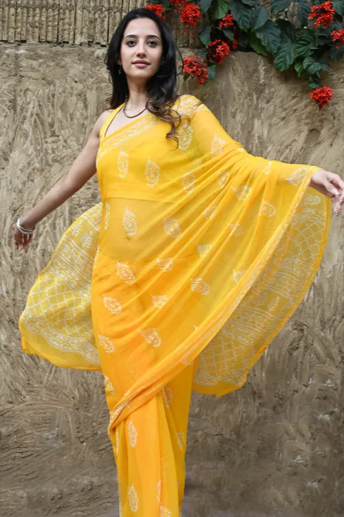 The ICH Dabu Vibes : Hand Block Printed Chiffon Saree - Basanti