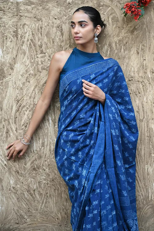 The ICH Dabu Vibes : Hand Block Printed Mul Cotton Saree - Neel Kamal
