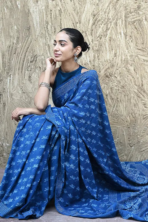 The ICH Dabu Vibes : Hand Block Printed Mul Cotton Saree - Neel Kamal
