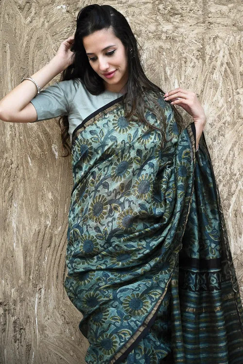 Unique Bagru Hand Block Printed Chanderi Saree - Regal Teal