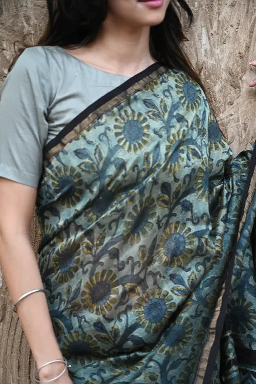 Unique Bagru Hand Block Printed Chanderi Saree - Regal Teal