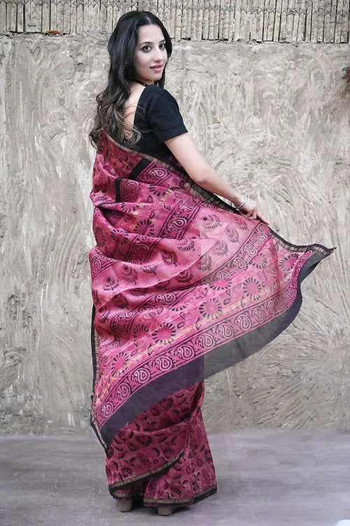 Dabu Vibes : Hand Block Printed Chanderi Saree - Mulberry Night