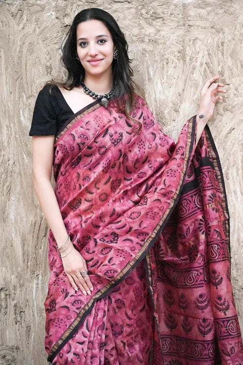 Dabu Vibes : Hand Block Printed Chanderi Saree - Mulberry Night