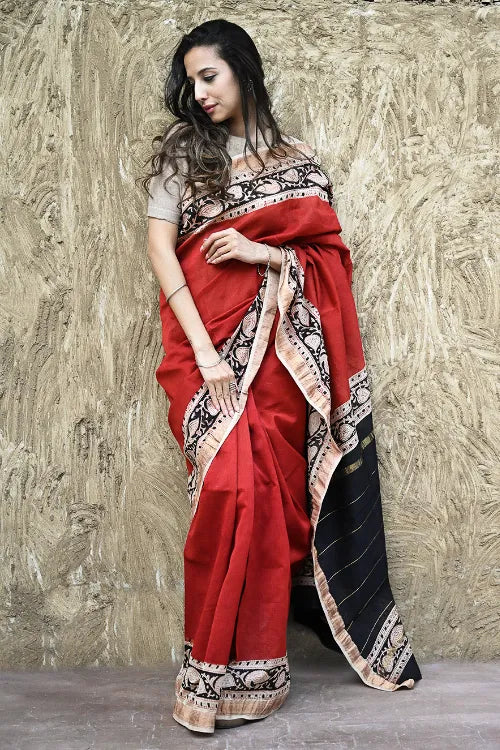 Bagru Statements: Hand Block Printed Maheshwari Saree - Red Statement