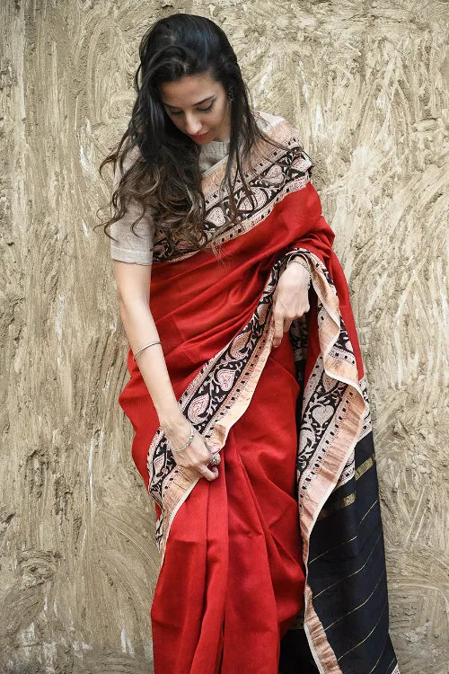 Bagru Statements: Hand Block Printed Maheshwari Saree - Red Statement