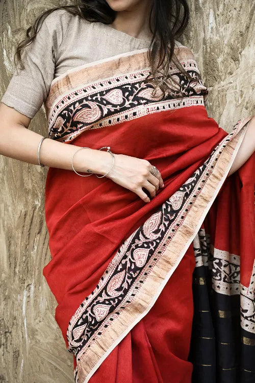 Bagru Statements: Hand Block Printed Maheshwari Saree - Red Statement