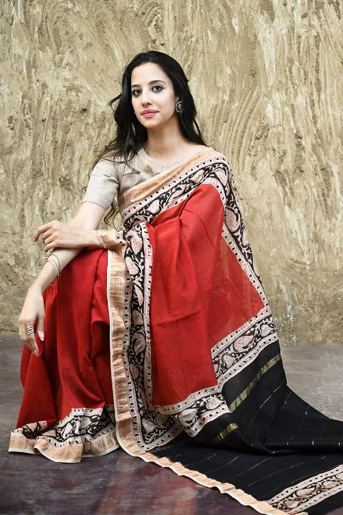 Bagru Statements: Hand Block Printed Maheshwari Saree - Red Statement