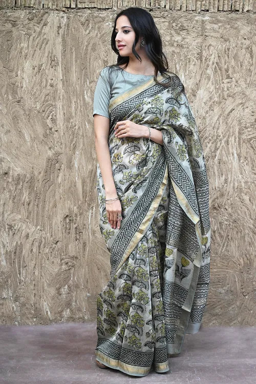 Unique Bagru Hand Block Printed Maheshwari Saree - Olives And Tulips