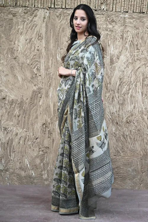 Unique Bagru Hand Block Printed Maheshwari Saree - Olives And Tulips