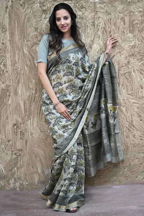 Unique Bagru Hand Block Printed Maheshwari Saree - Olives And Tulips