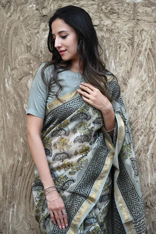 Unique Bagru Hand Block Printed Maheshwari Saree - Olives And Tulips
