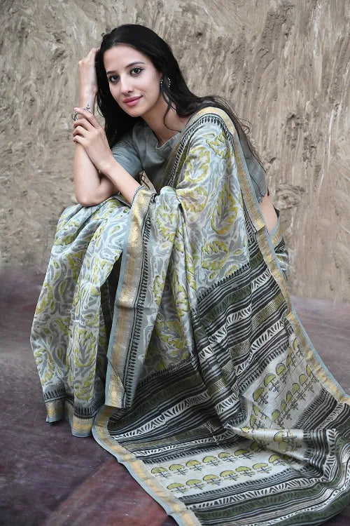 Unique Bagru Hand Block Printed Maheshwari Saree - Amra Bagh
