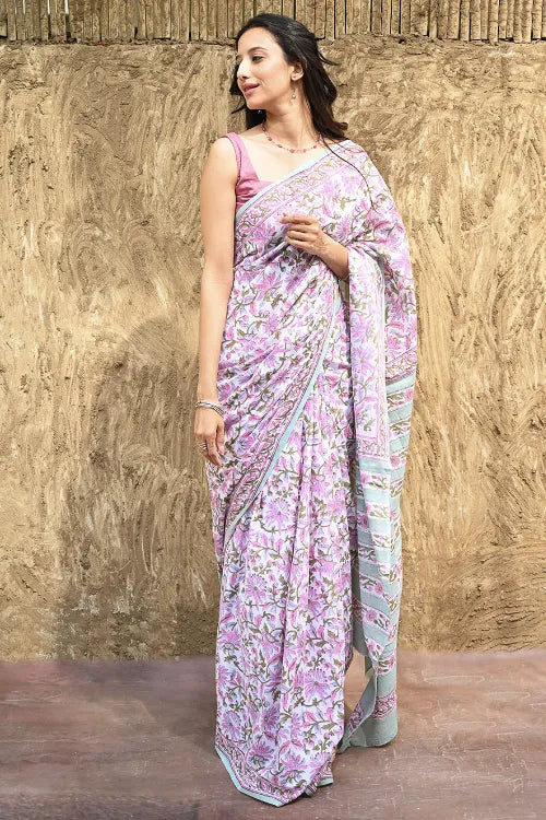 Sanganer Summers : Hand Block Printed Mul Cotton Saree - Mauve Garden