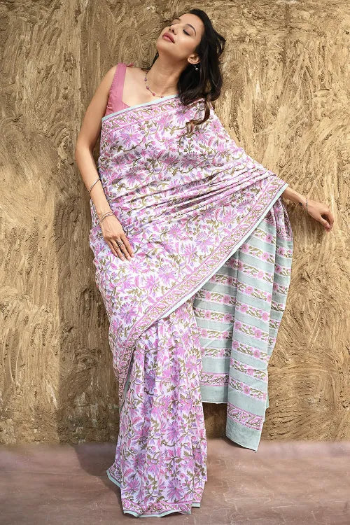 Sanganer Summers : Hand Block Printed Mul Cotton Saree - Mauve Garden