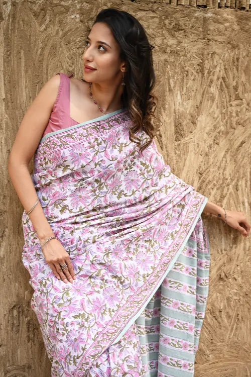 Sanganer Summers : Hand Block Printed Mul Cotton Saree - Mauve Garden