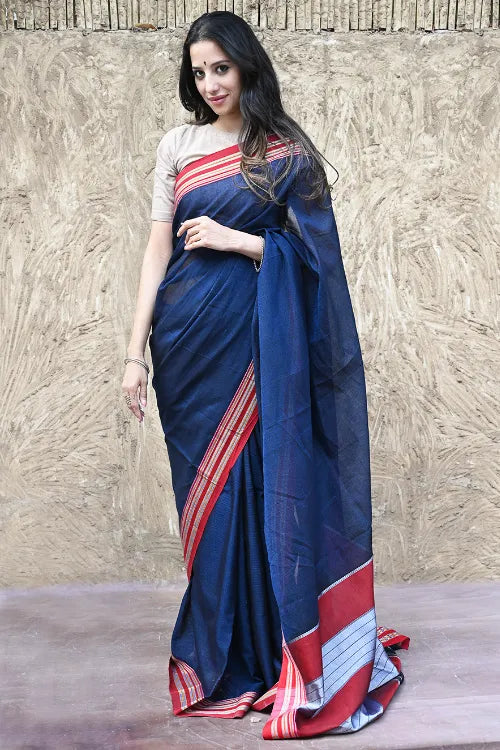 Deccan Elegance. Cotton Blend Self Striped Ilkal Lugdi Saree - Neel Devgiri