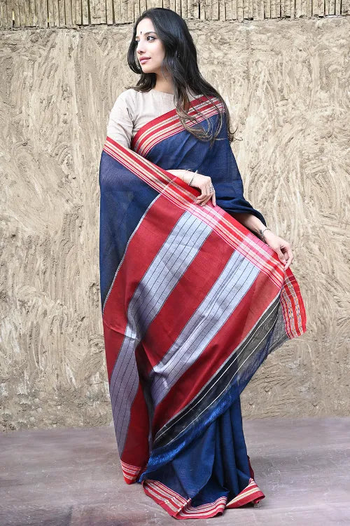 Deccan Elegance. Cotton Blend Self Striped Ilkal Lugdi Saree - Neel Devgiri