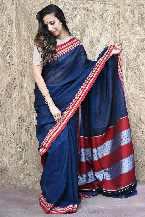 Deccan Elegance. Cotton Blend Self Striped Ilkal Lugdi Saree - Neel Devgiri