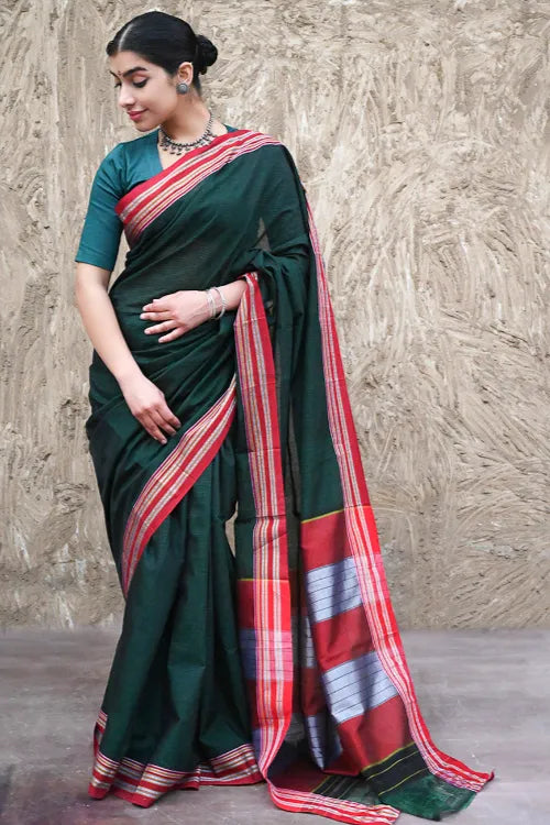 Deccan Elegance. Cotton Blend Self Striped Ilkal Lugdi Saree - Harit Badami