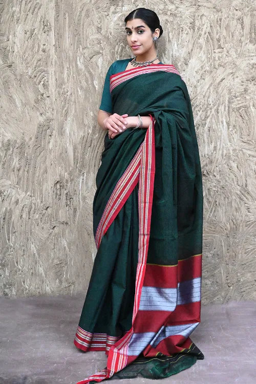 Deccan Elegance. Cotton Blend Self Striped Ilkal Lugdi Saree - Harit Badami