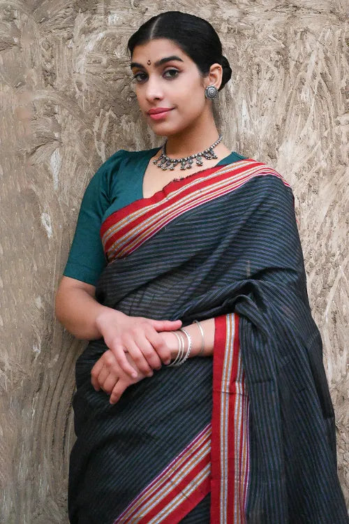 Deccan Elegance. Cotton Blend Self Striped Ilkal Lugdi Saree - Karigari Nargund