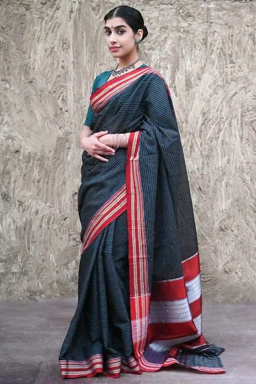 Deccan Elegance. Cotton Blend Self Striped Ilkal Lugdi Saree - Karigari Nargund