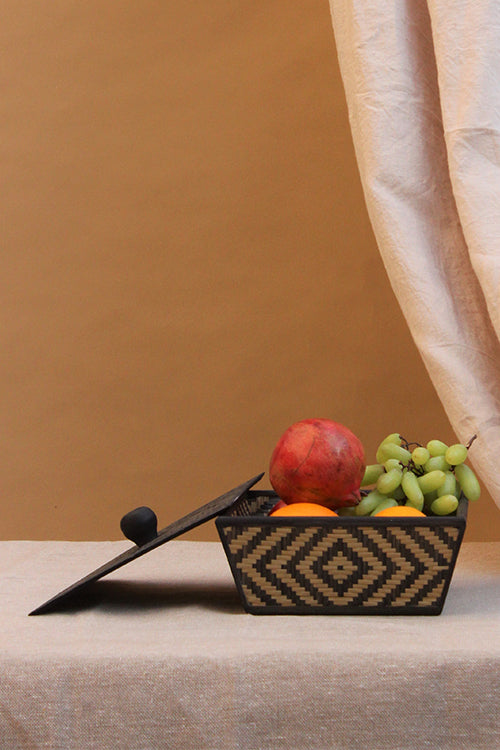Kadam Haat Handmade Bamboo Fruit Basket With Lid (Black)