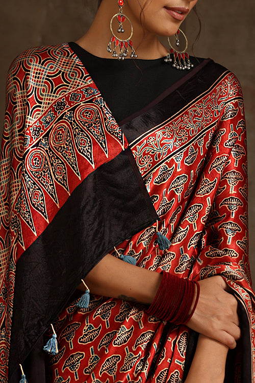 Riyaz Khatri Traditional Ajrakh Hand Block Printed And Natural Dye Modal Saree With Beautiful Tassels