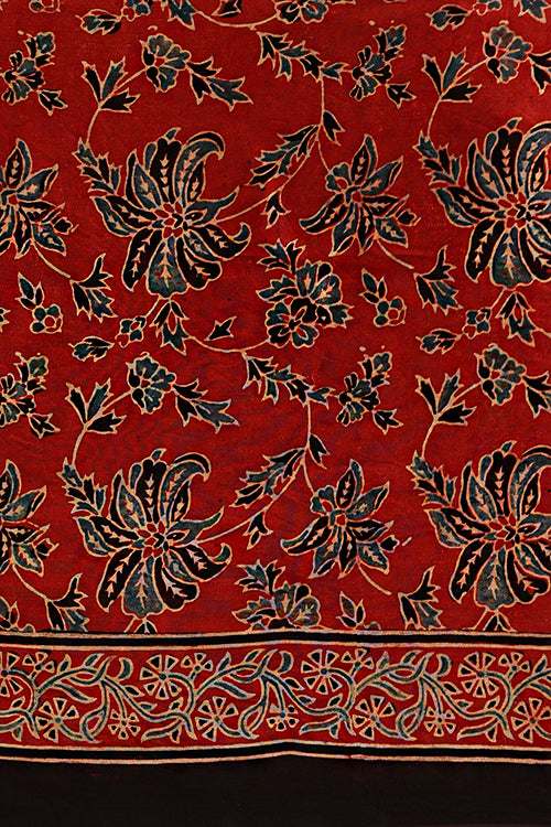 Tenaaro Ajrakh Hand Block Printed  Modal Sik Saree (Red-10)
