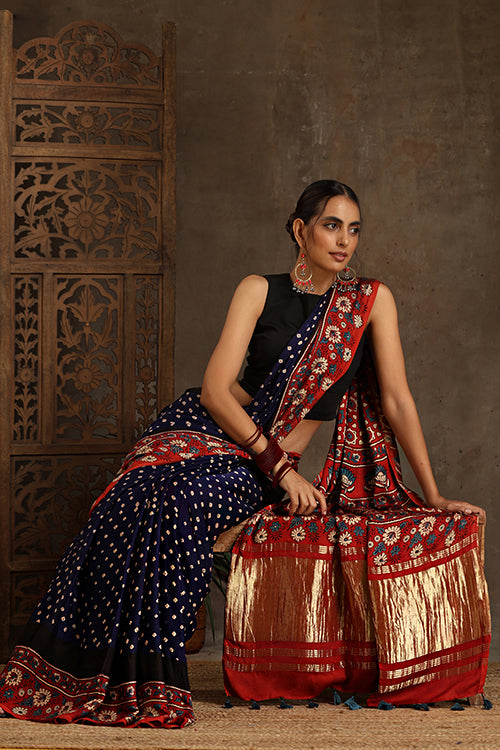 Jahangir Khatri - Red & Navy Blue Ajrakh & Bandhani Modal Tissue Pallu Saree