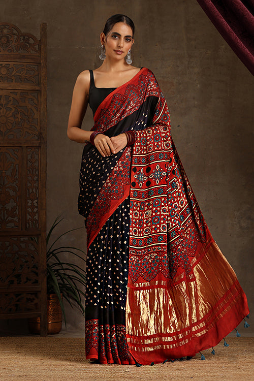 Jahangir Khatri Block Print Red & Purple Ajrakh Saree Online