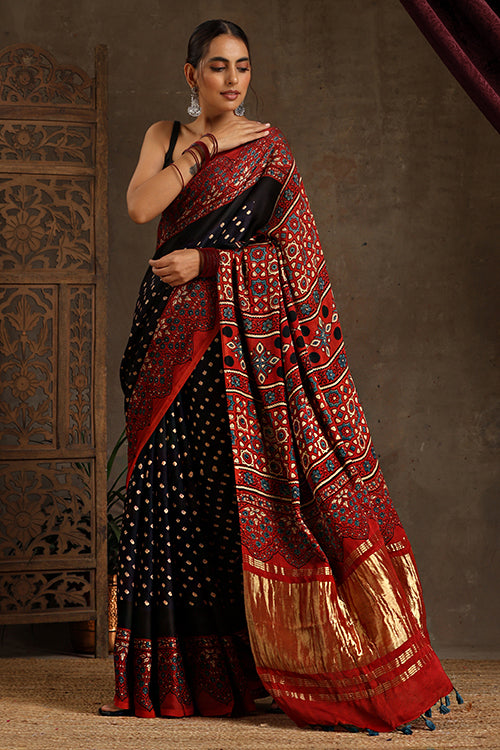 Jahangir Khatri Block Print Red & Purple Ajrakh Saree Online