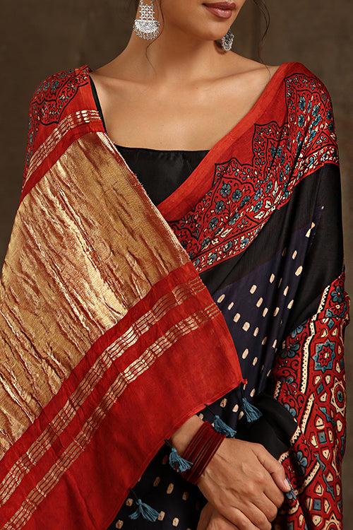 Jahangir Khatri - Red & Purple Ajrakh & Bandhani Modal Tissue Pallu Saree